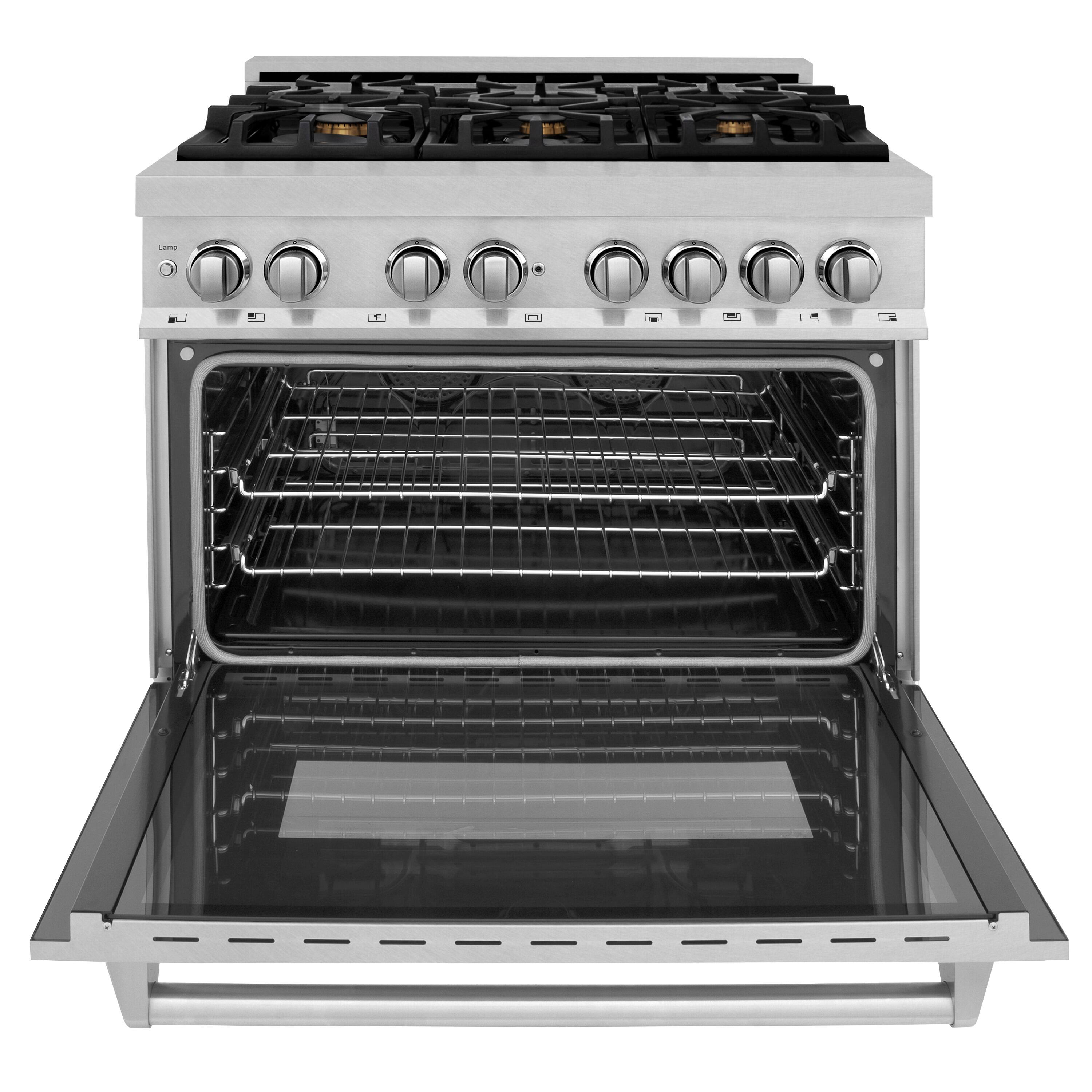 Angle. ZLINE - ZLINE 36 in. Legacy Dual Fuel Range with 6 Brass Burners (RAS-SN-BR-36) - Satin Stainless Steel.