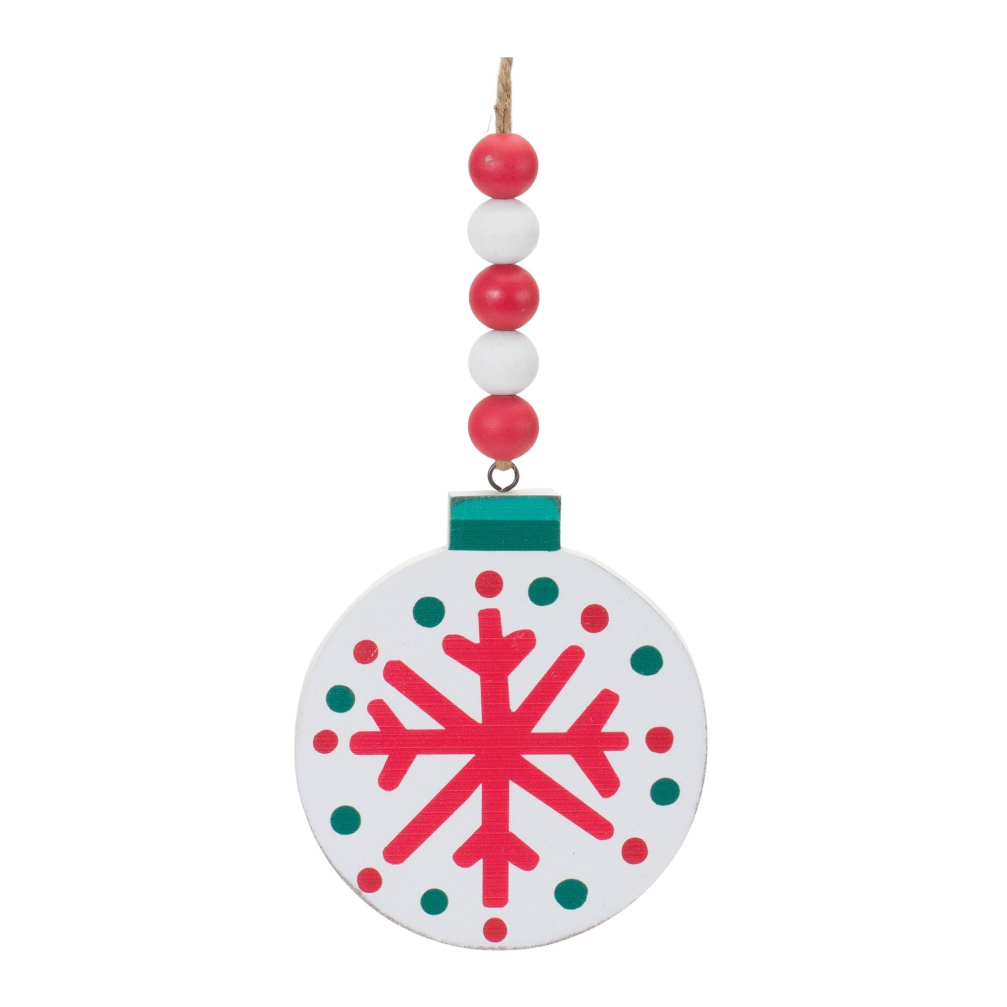 Left. BreeBe - Wood Beaded Snowflake Ornament (Set of 12) - Red, White, Green.