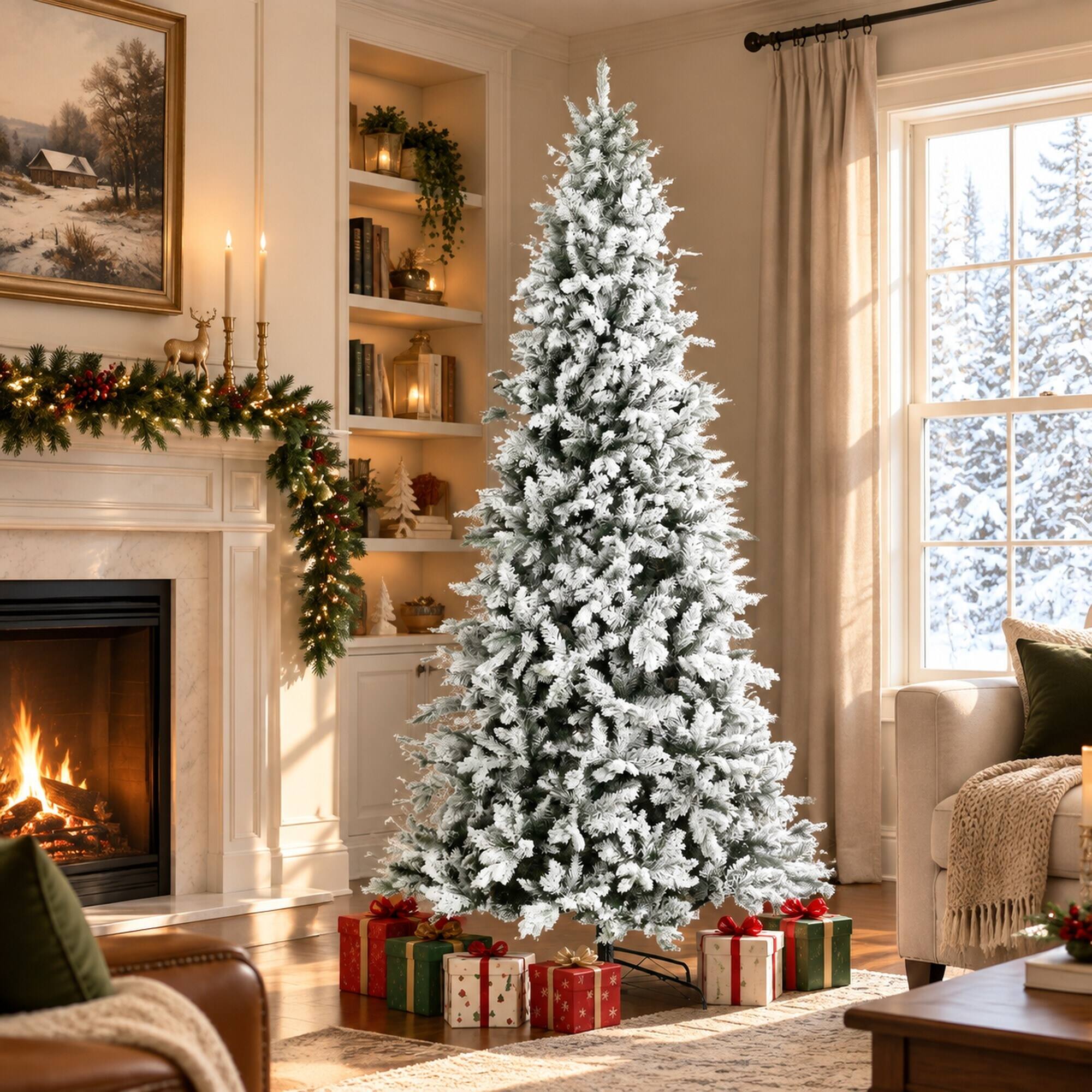 Left. RYHNUYNE - 9 Ft Snow Flocked Pine Green Artificial Christmas Tree With 616 Cedar Branches, Auto Open Hinged Holiday Home Decor - Green.