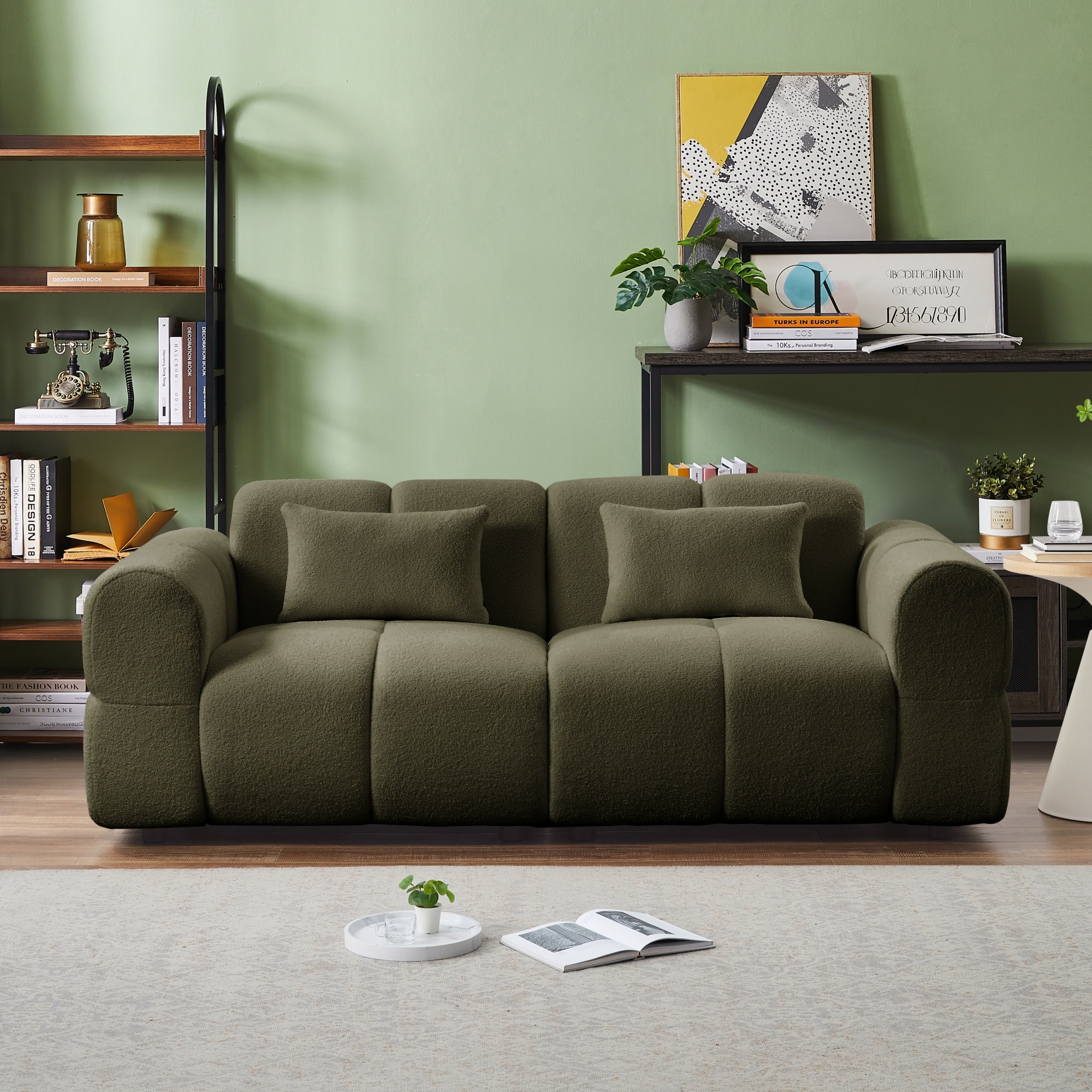 Electra Tech Xpress - 80" Modern Sofa Couch, Comfy Deep Seat Teddy Cloud Sofa, Oversized Loveseat 3-Seater Boucle Couch - Green