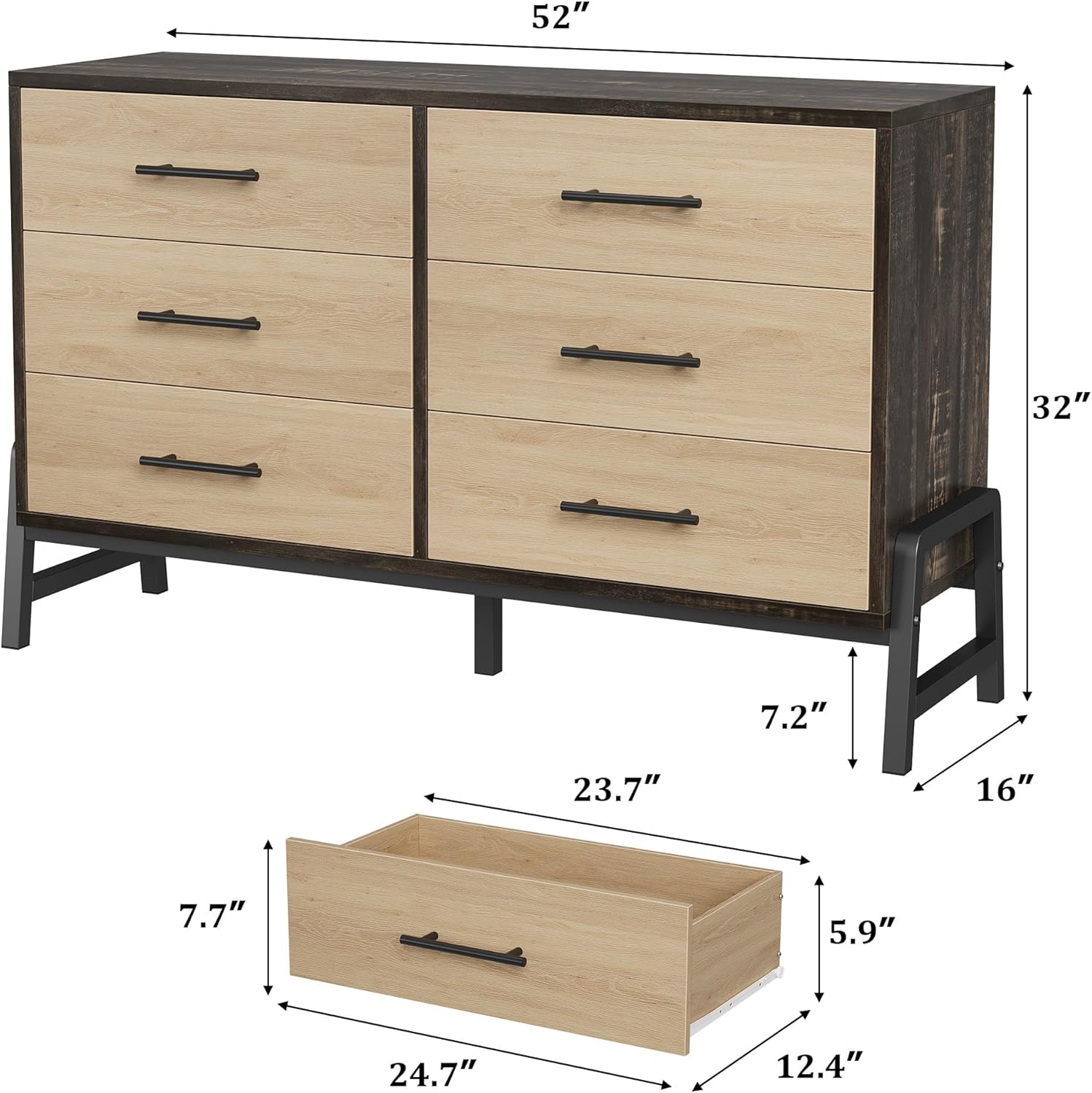 52" (width)  
32" (height)  
7.2" (depth)  
23.7" (drawer height)  
16" (leg width)  
7.7" (drawer depth)  
5.9" (drawer height)  
24.7" (drawer width)  
12.4" (drawer width)