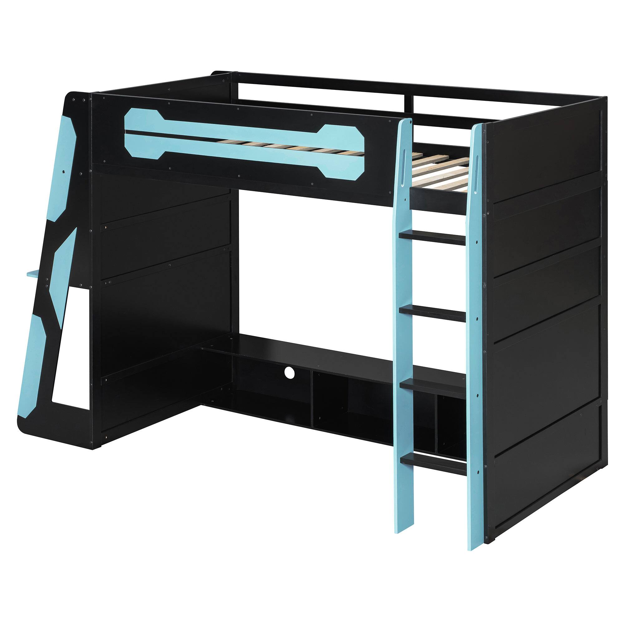 Alt View 1. Anysun - Twin Size Wood Loft Bed with Desk, Multi-storage Shelves and RGB Light - Blue.