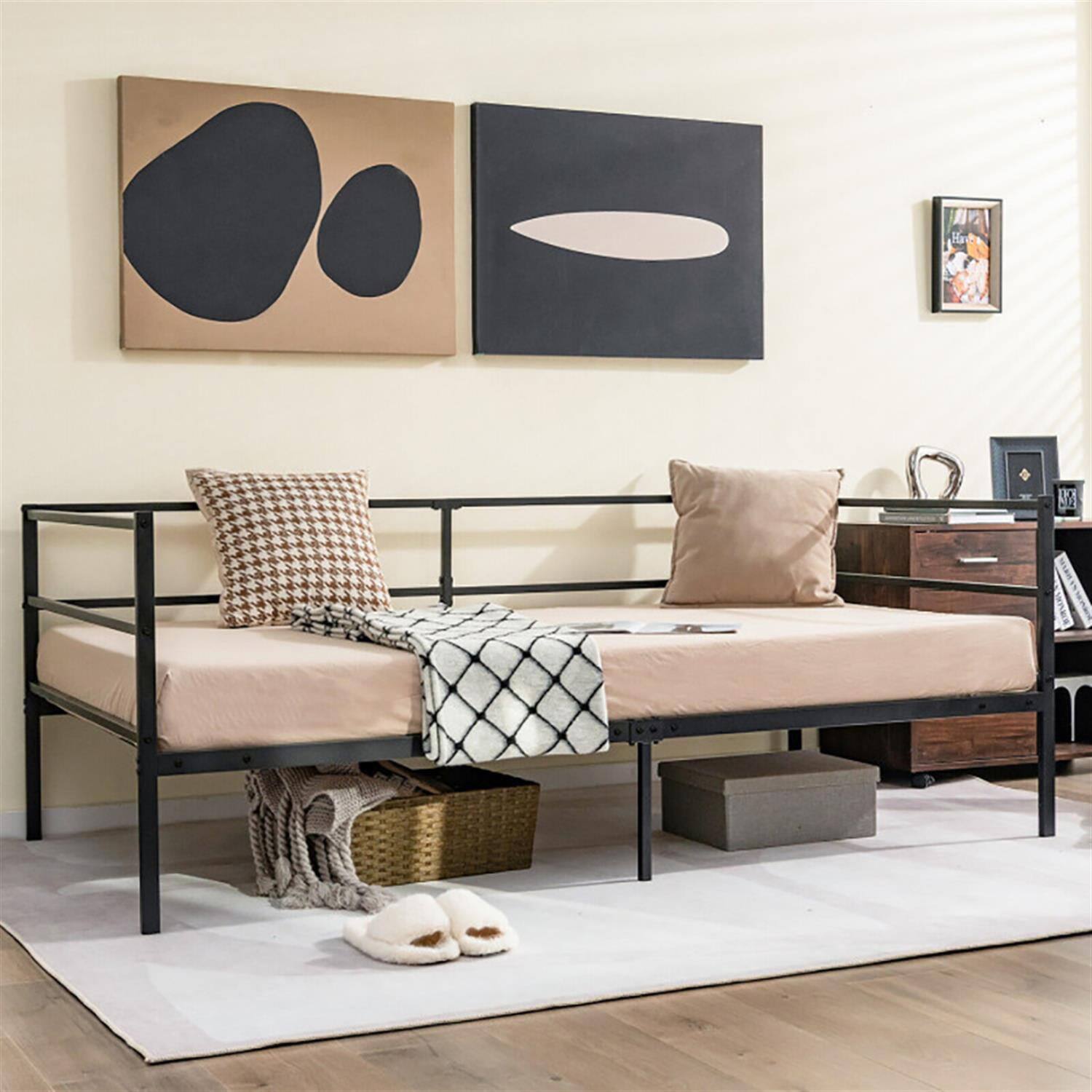 Angle. Pefilos - Twin Size Metal Daybed Frame with Metal Slat Support and 3-Sided Guardrails, Modern Bed Frame for Teens, Black - Black.