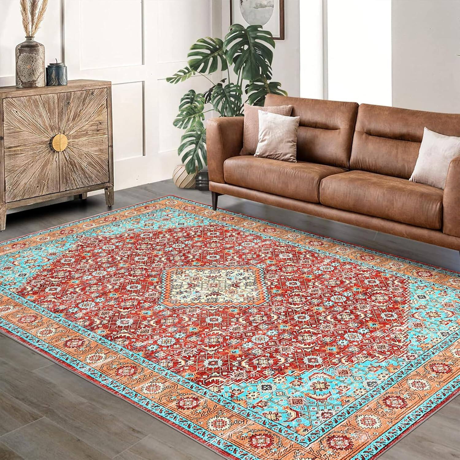 Jojoka - Vintage Area Rug 9x12, Stain Resistant, Machine Washable, Non-Slip, Low-Pile, Foldable, Indoor Carpet - Red Hue
