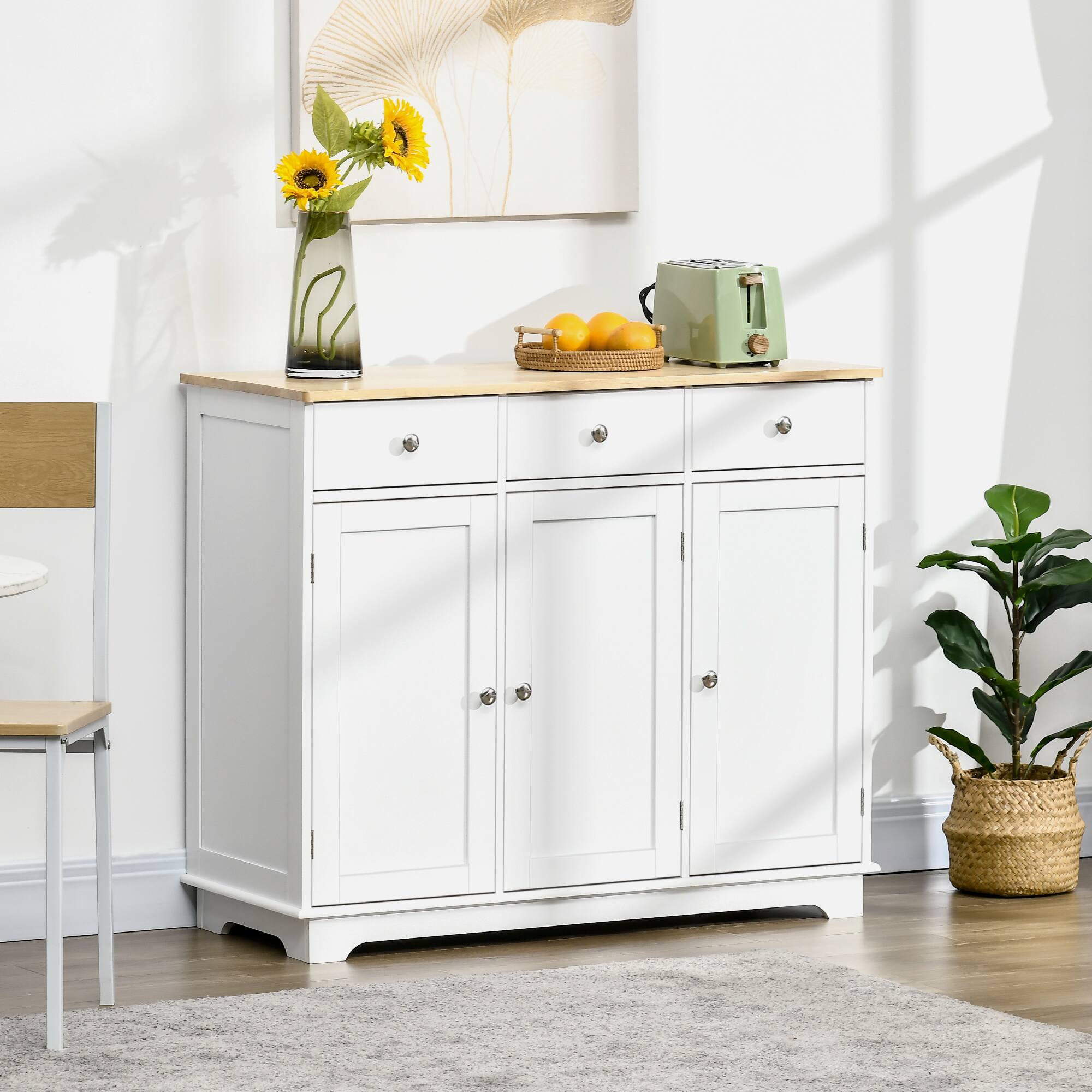 Alt View 1. Homcom - Sideboard with Solid Wood Countertop, Modern Kitchen Storage Cabinet, Coffee Bar Cabinet with 3 Drawers, Doors - White.