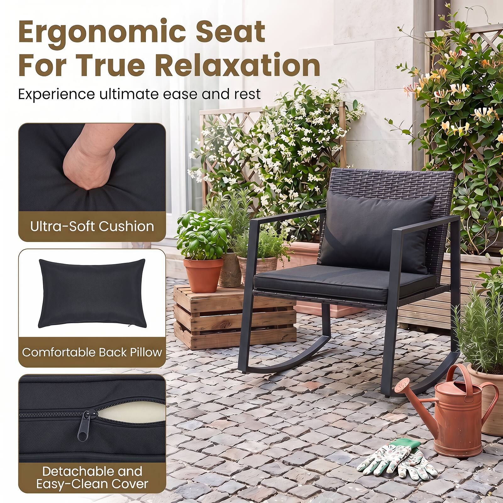 Ergonomic Seat For True Relaxation  
Experience ultimate ease and rest  

Ultra-Soft Cushion  
Comfortable Back Pillow  
Detachable and Easy-Clean Cover