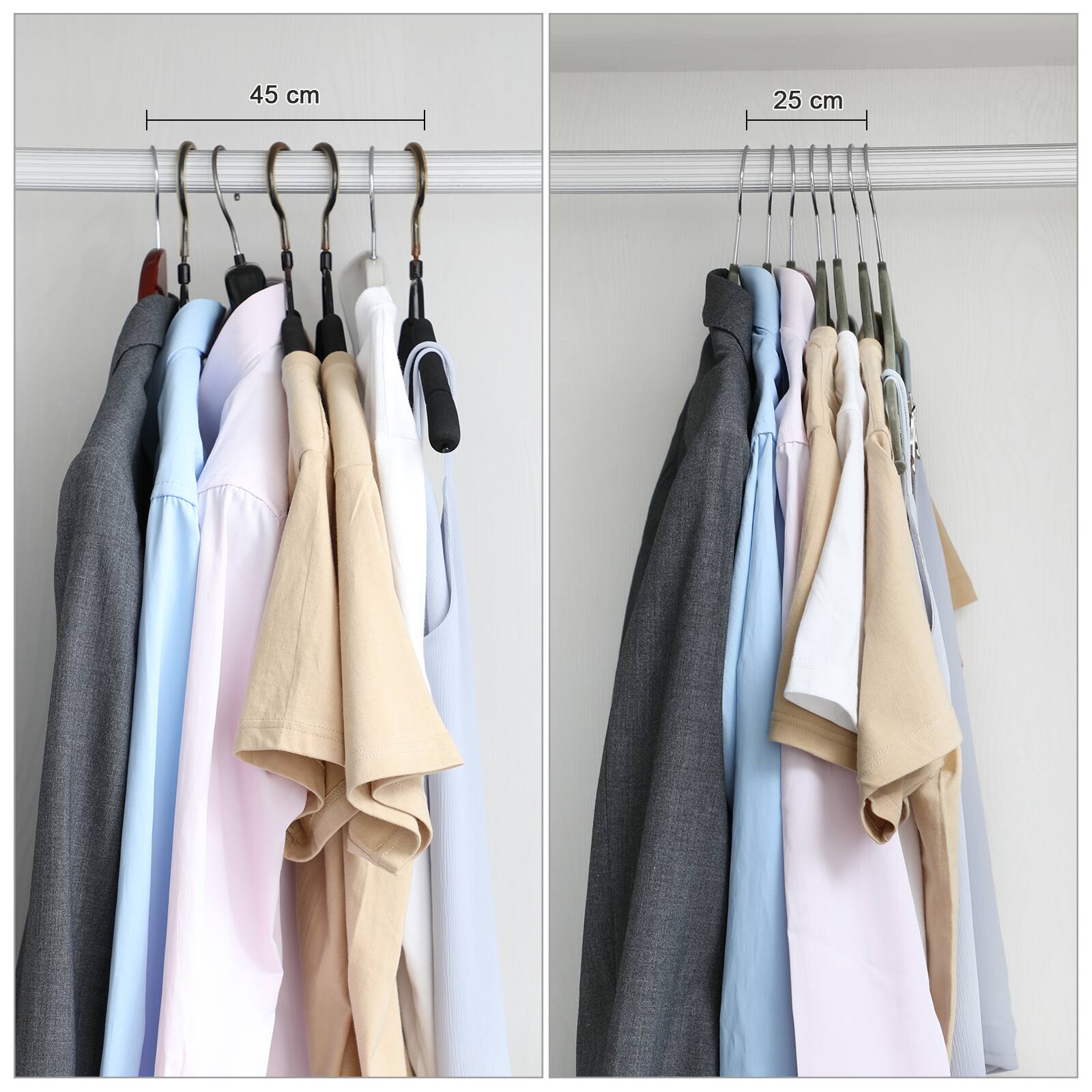 Back. Songmics Home - Clothes Hangers, Pack of 50 Plastic Coat Hangers, Space-Saving, 0.2 Inches Thick, 17.7 Inches Wide, 360° Swivel Hook - Light Gray and Dark Gray.