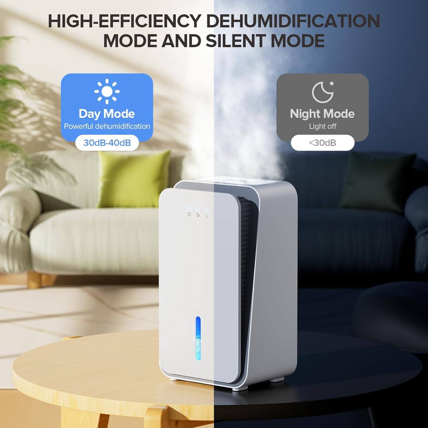 HIGH-EFFICIENCY DEHUMIDIFICATION MODE AND SILENT MODE
Day Mode: Powerful dehumidification 30dB-40dB
Night Mode: Light off <30dB