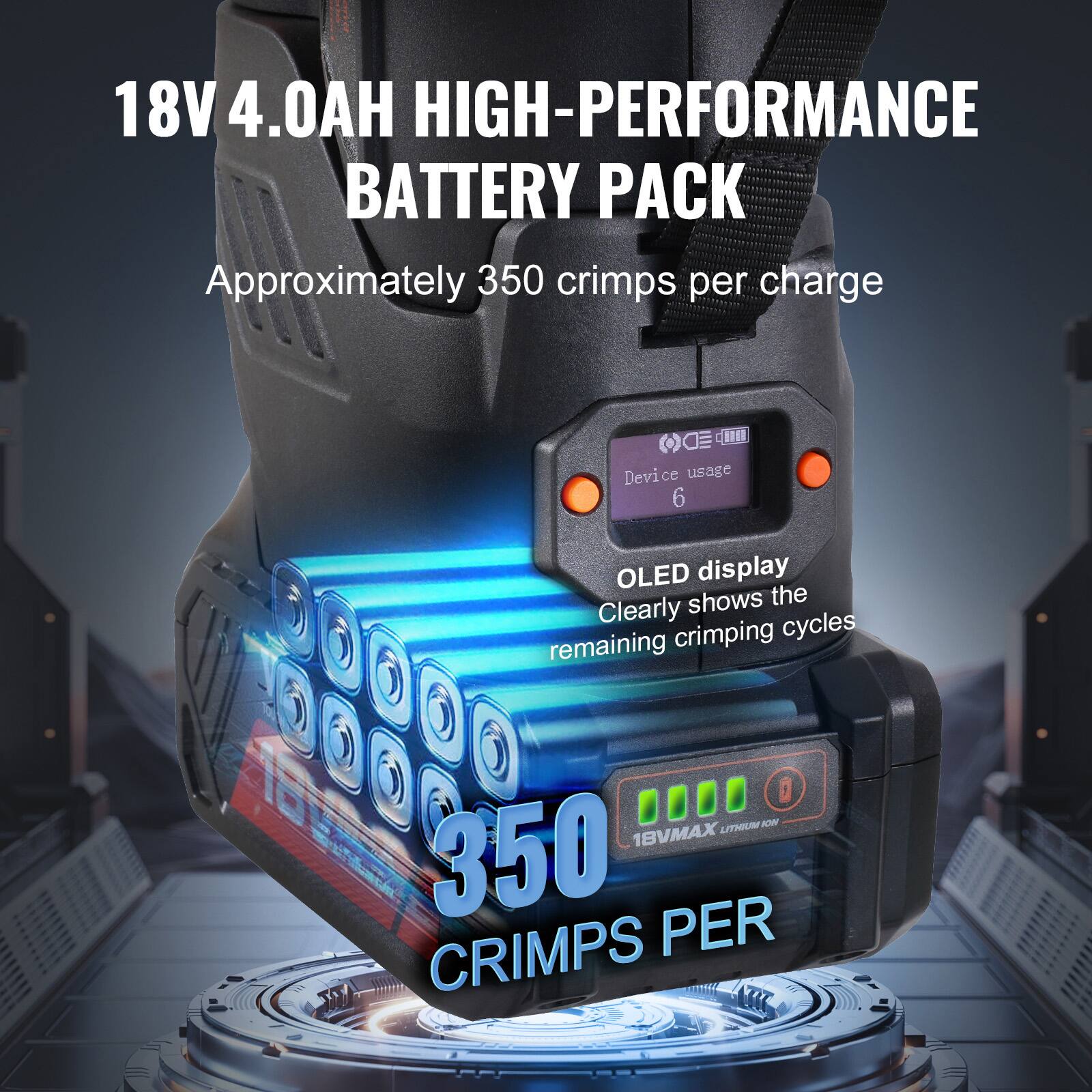 18V 4.0AH HIGH-PERFORMANCE BATTERY PACK  
Approximately 350 crimps per charge  

OLED display  
Clearly shows the remaining crimping cycles  

350 CRIMPS PER CHARGE
