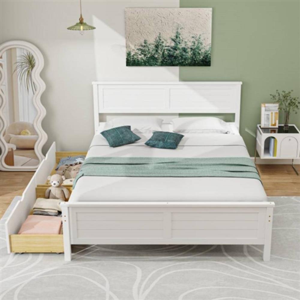 Angle. Hivvago - Full Size White Platform Bed Frame with 2 Storage Drawers - White.