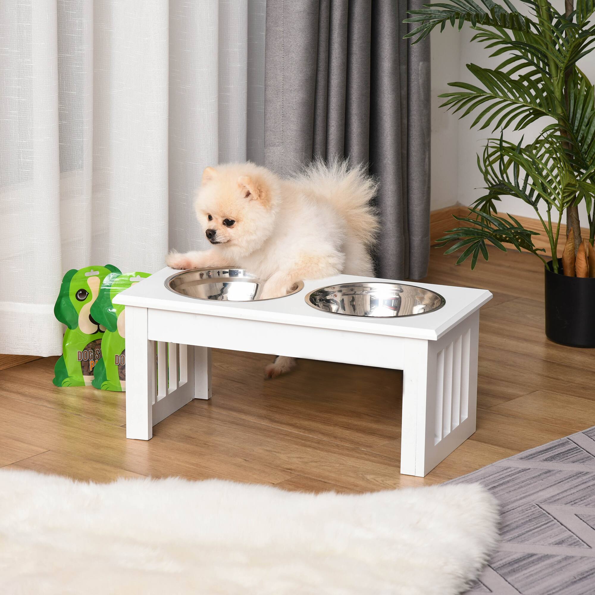 Angle. APRILSOUL - Small Puppy Dog Feeding Station for Messy Pets Stainless Steel Elevated Dog Bowls White - White.