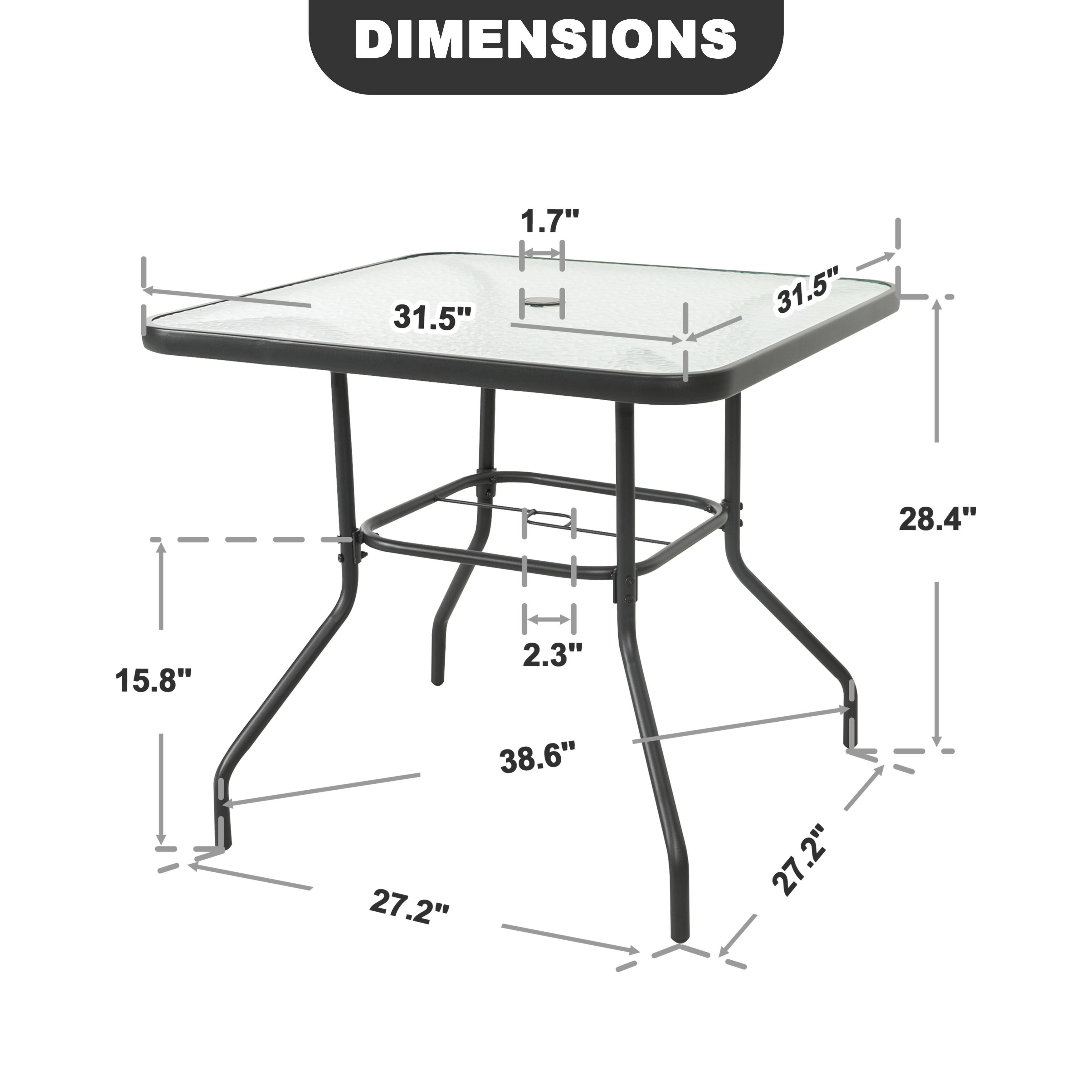 DIMENSIONS 31.5" 1.7" 31.5" 28.4" 15.8" 2.3" 38.6" 27.2" 27.2"