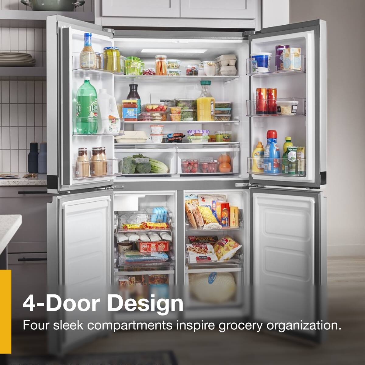 4-Door Design  
Four sleek compartments inspire grocery organization.