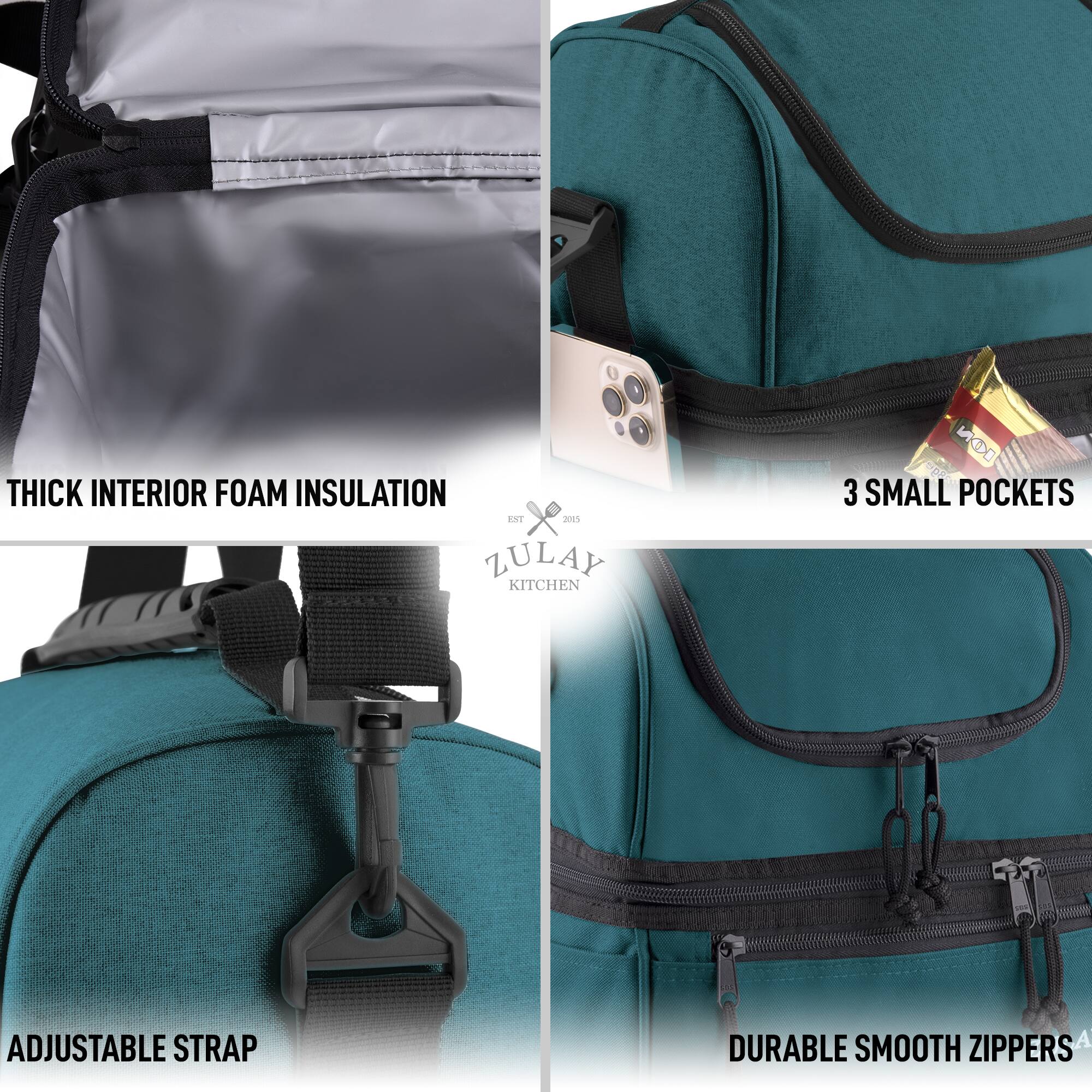 - THICK INTERIOR FOAM INSULATION
- 3 SMALL POCKETS
- ADJUSTABLE STRAP
- DURABLE SMOOTH ZIPPERS