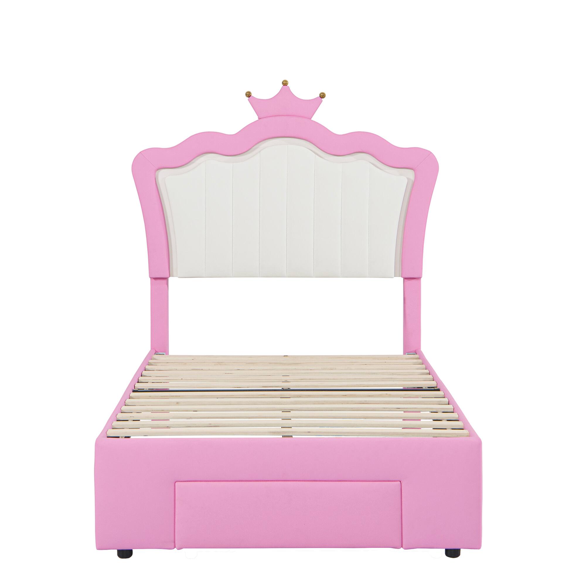 Left. GOODSILO - Twin Size Upholstered Platform Bed with LED Lighting and Storage Drawer, Modern Crown Headboard Design for Bedroom Decor - Pink+White.