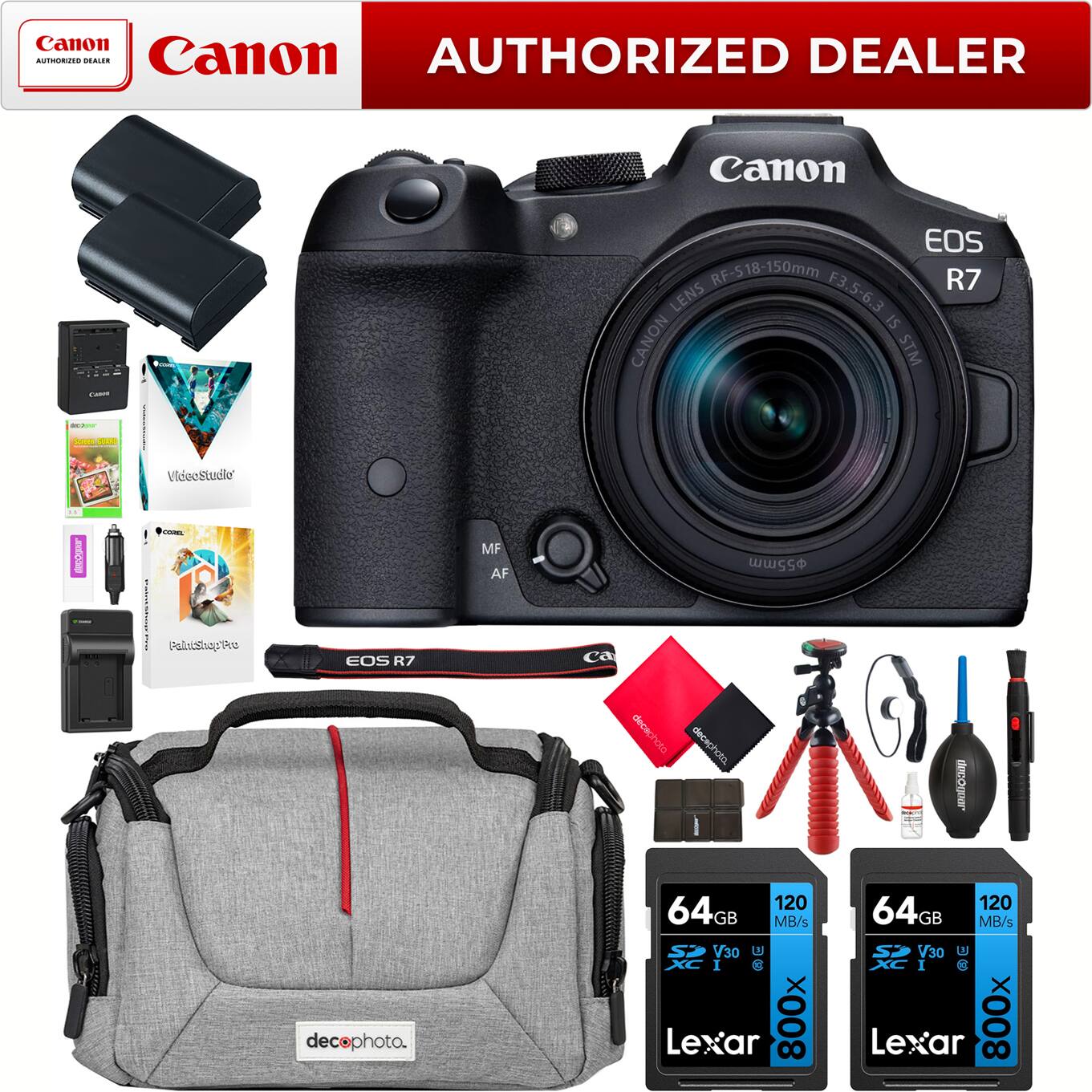 Canon AUTHORIZED DEALER  
Canon EOS RF-S 18-150mm F3.5-6.3 IS CANON STM  
VideoStudio  
PhotoShop Pro  
64GB 120 MB/s V30 Lexar 800x