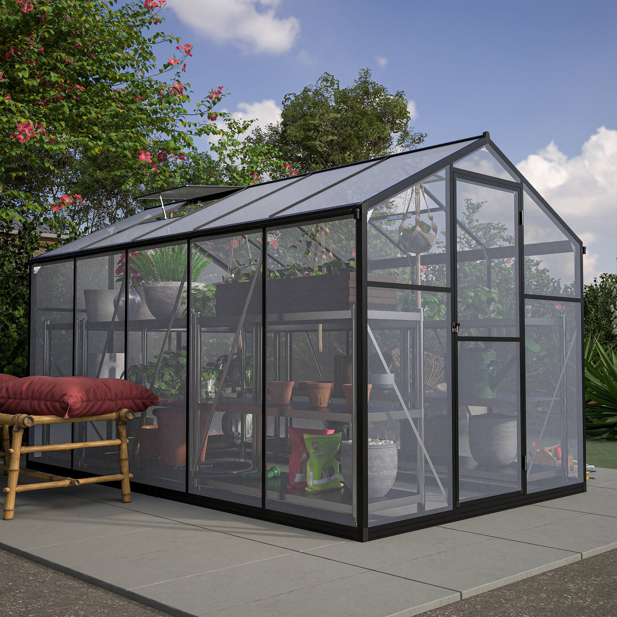 Back. Mondawe - 6x10 ft Outdoor Polycarbonate Greenhouse with Aluminum Frame,Lockable Door & Adjustable Roof Vent - Black.