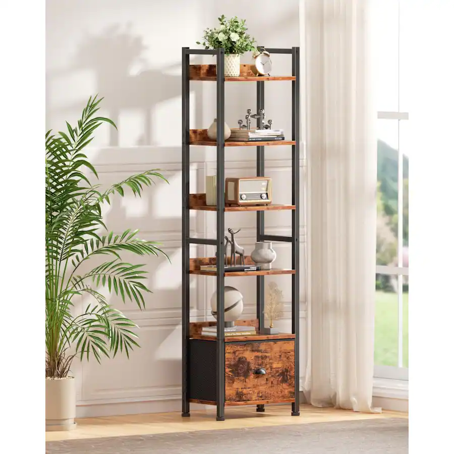 Furnulem 6 Tier Industrial Storage Bookshelf with Fabric Drawer for ...