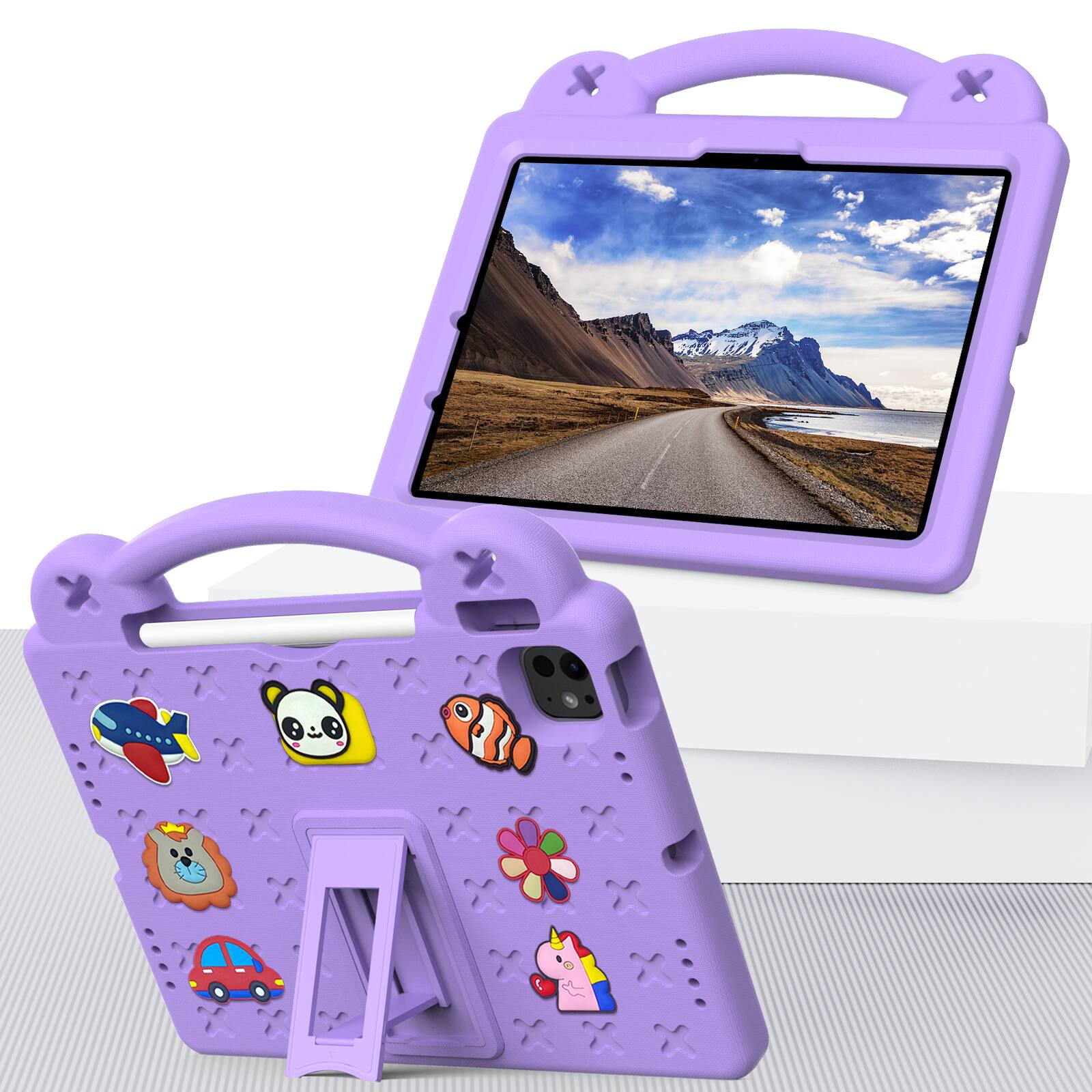 Left. UUCOVER - Kids Case for iPad Air 11-inch M4 M3 M2 (2026/2025/2024),Shockproof EVA Case Handle Adjustable Stand Cover - Purple.