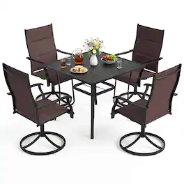 Costway - 5PCS Outdoor Dining Set, 4 Swivel Chairs & Square Patio Table with Umbrella Hole - Black,Brown