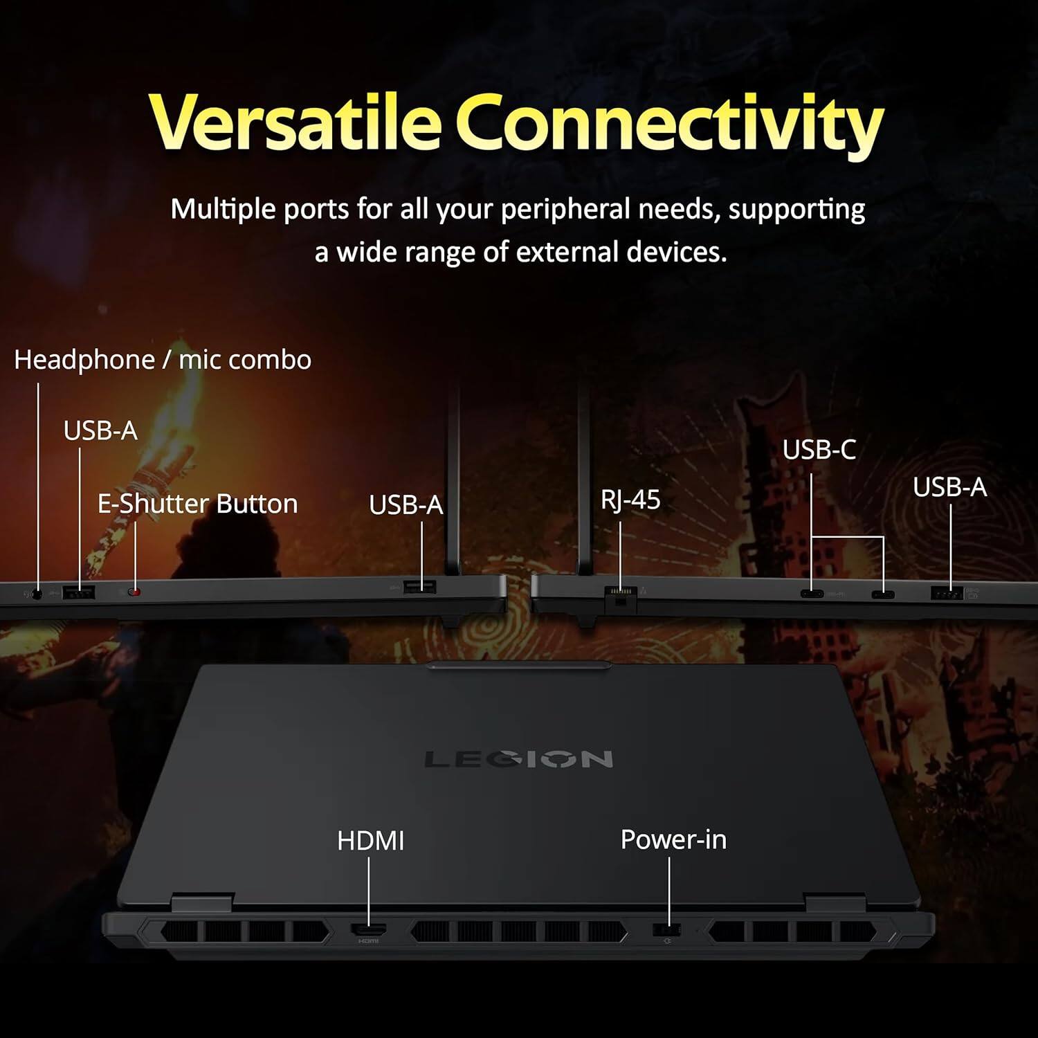 Versatile Connectivity  
Multiple ports for all your peripheral needs, supporting a wide range of external devices.

- Headphone / mic combo
- USB-A
- E-Shutter Button
- USB-A
- RJ-45
- USB-C
- USB-A
- HDMI
- Power-in