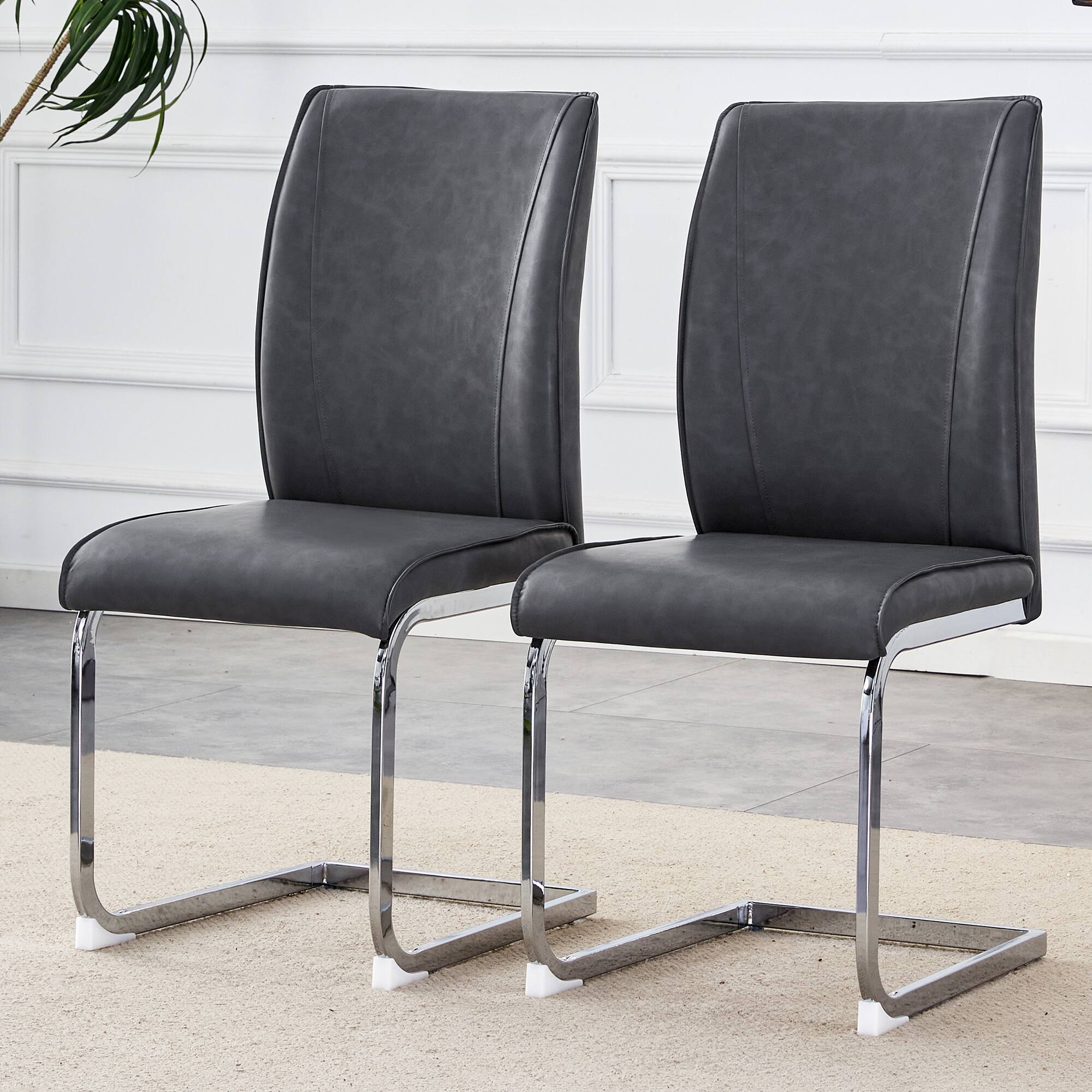 Alt View 7. Ecooso - Simple Arch Chair - Set of 2 Dark Gray PU Material High Resilience Dining Chair with Arched Metal Silver Leg. - Dark Gray,Silver.