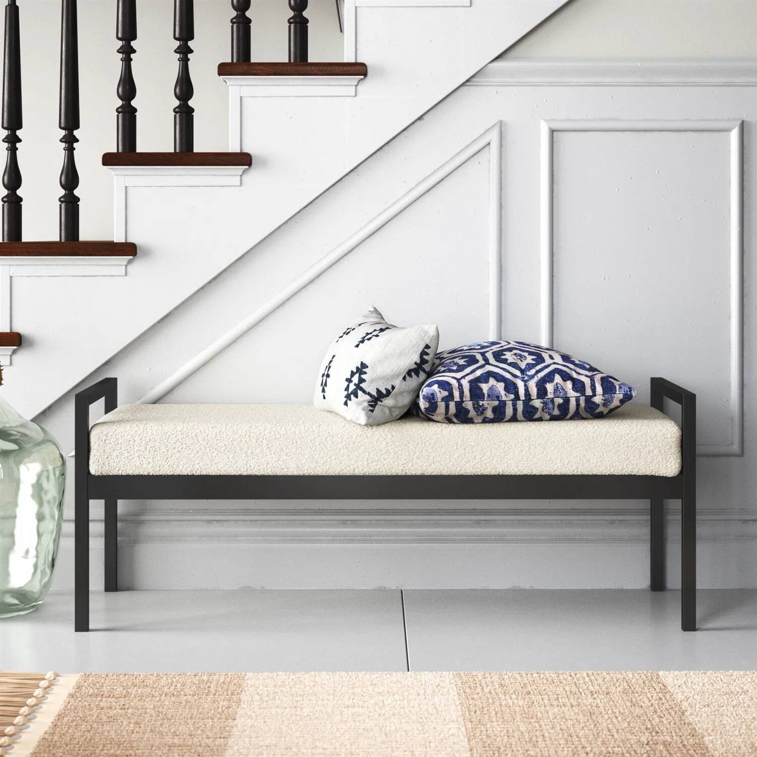 Left. SlickBlue - Modern Industrial Bed Bench with Metal Frame and Velvet Cushion - Cream.