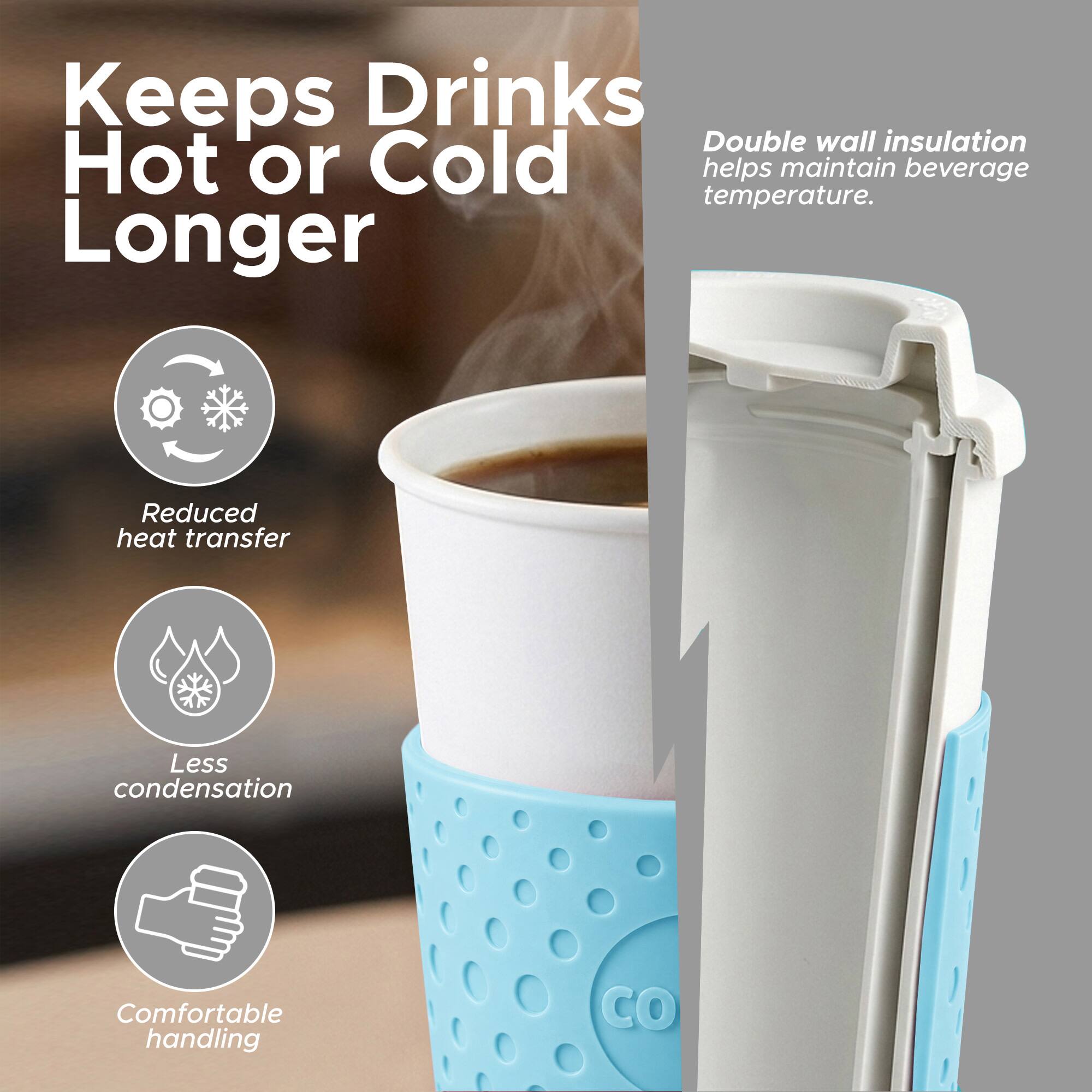 Keeps Drinks Hot or Cold Longer

Double wall insulation helps maintain beverage temperature.

- Reduced heat transfer
- Less condensation
- Comfortable handling