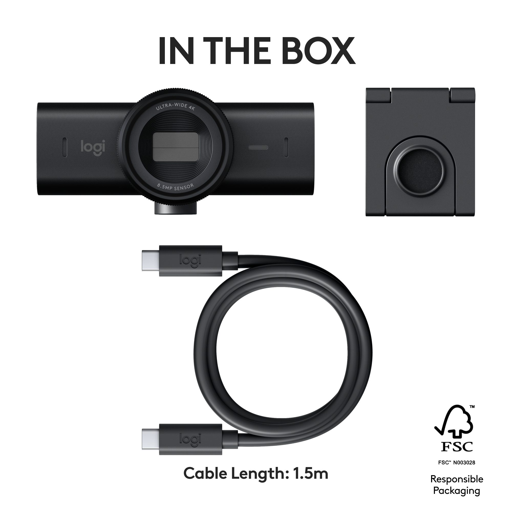 In the box, there is an ultra-wide 4K Logitech camera with a 4.0 SMP sensor. The camera is accompanied by a Logitech IM USB cable, which has a length of 1.5 meters. The packaging is designed to be environmentally friendly, as it is made of responsible materials.