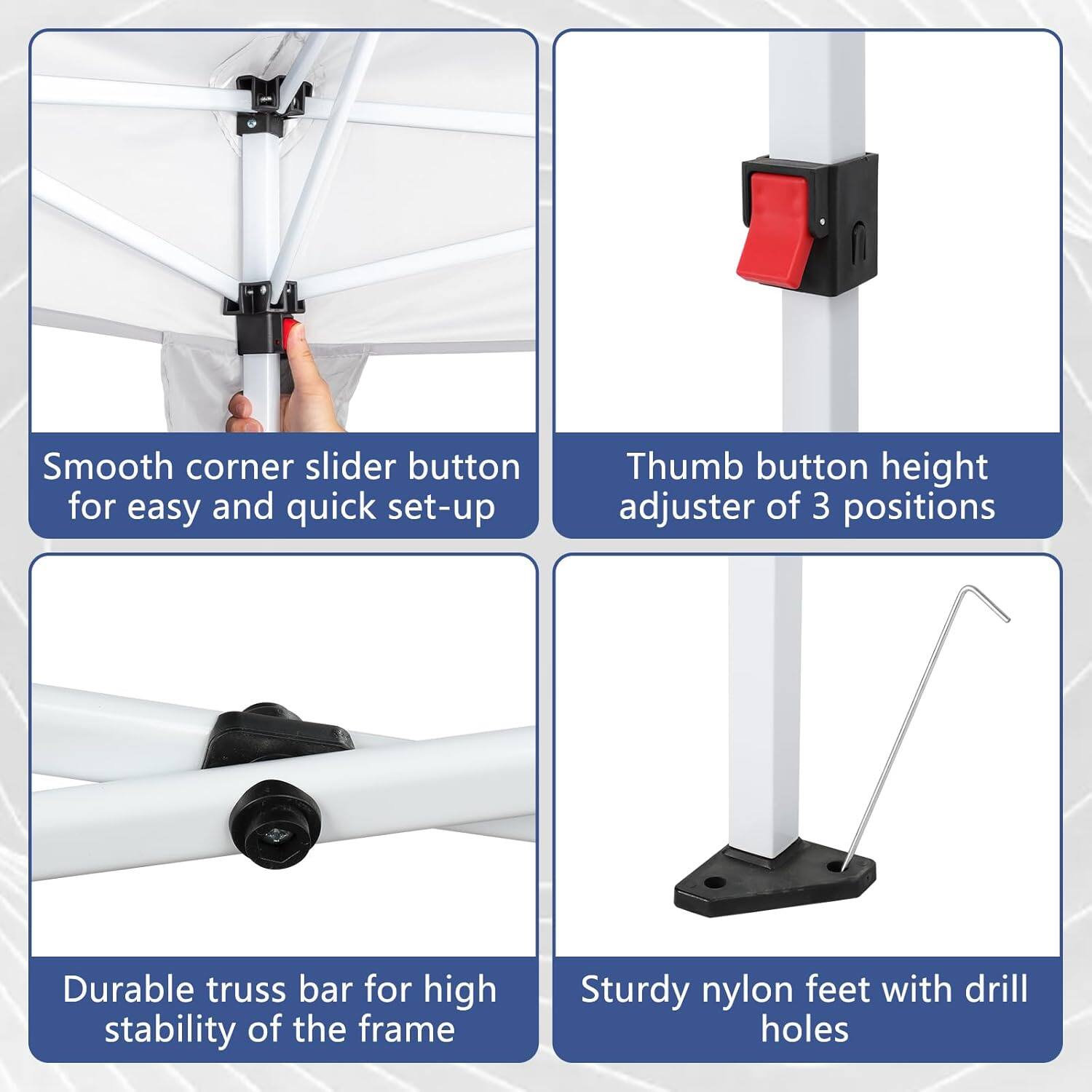 - Smooth corner slider button for easy and quick set-up
- Thumb button height adjuster of 3 positions
- Durable truss bar for high stability of the frame
- Sturdy nylon feet with drill holes