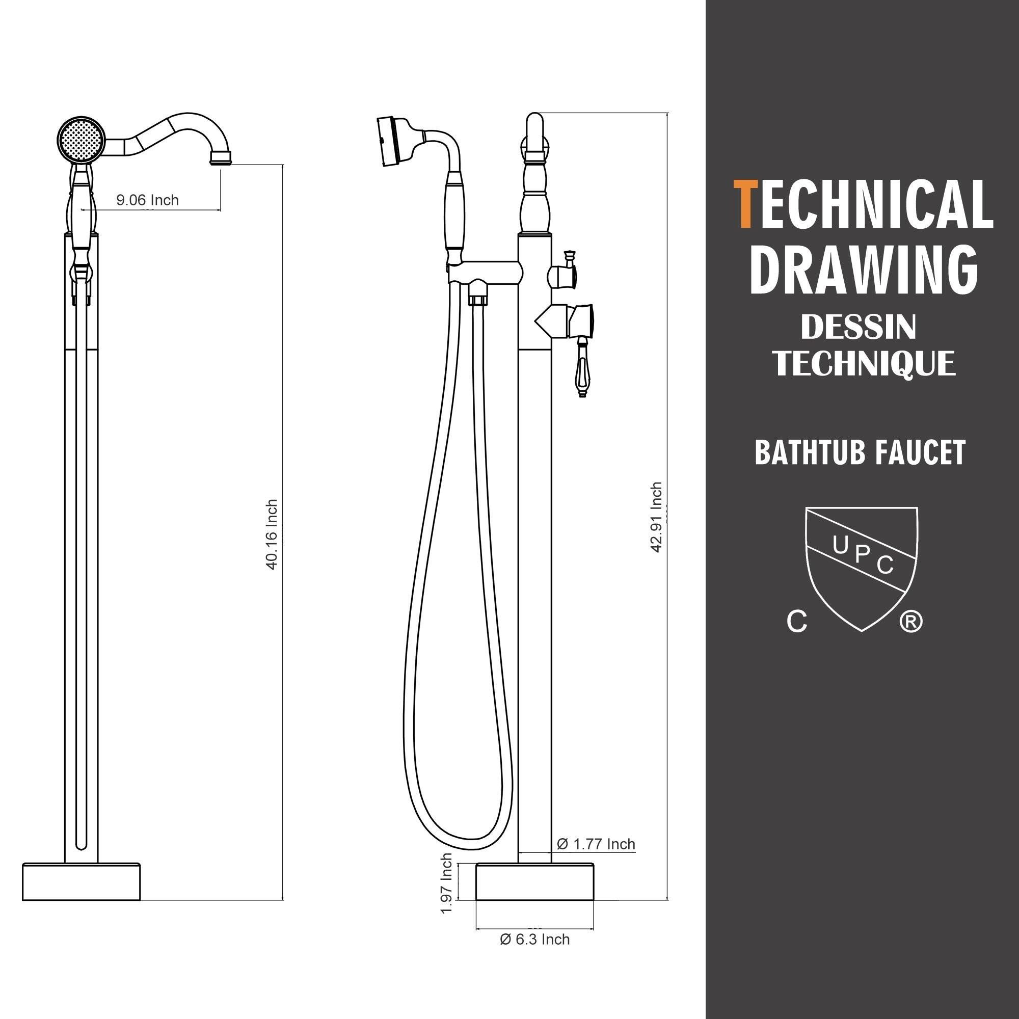 9.06 Inch, 40.16 Inch, 42.91 Inch, 1.97 Inch, 1.77 Inch, 6.3 Inch, TECHNICAL DRAWING DESSIN TECHNIQUE, BATHTUB FAUCET, UPC C C  R