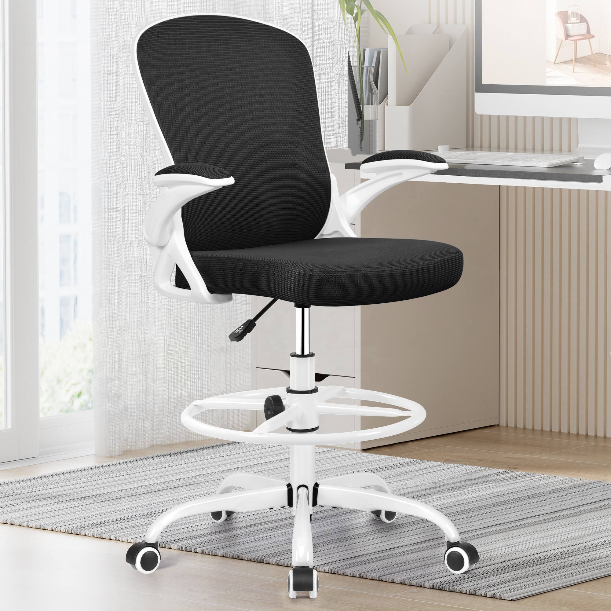 Left. Brick Attic - Drafting Chair, Tall Office Chair Ergonomic Desk Chair, Task Rolling Chair with Adjustable Flip-up Armrests Foot Ring - White.