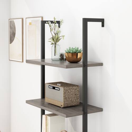 Alt View 3. Winado - 24"L x 12"W x 71"H Tall 5 Tier Modern Bookshelf Wood Board Ladder Bookcase with Metal Frame Industrial Open Storage Unit - Grey.