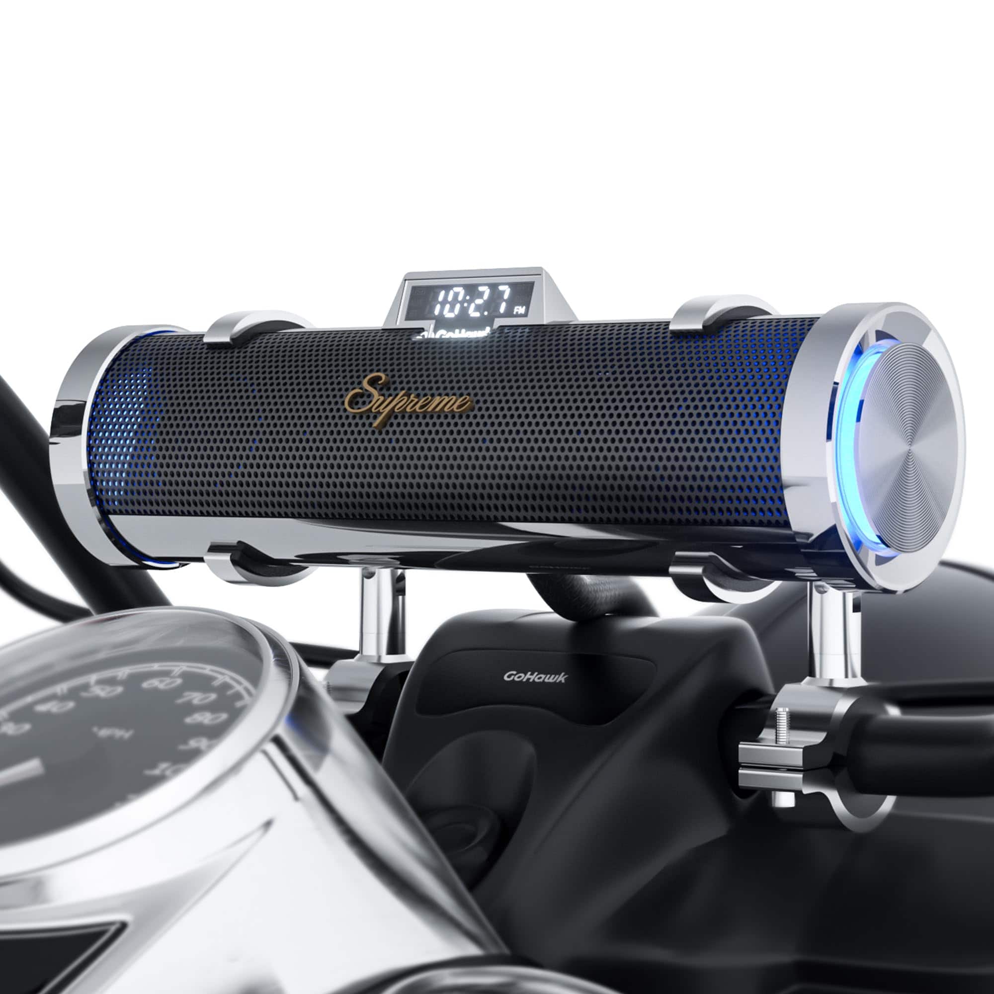 GoHawk - Bluetooth Motorcycle Speakers: 6-Speaker Waterproof Stereo System w/ Built-in Amp, Aluminum Soundbar, FM/USB Music/LED - Chrome