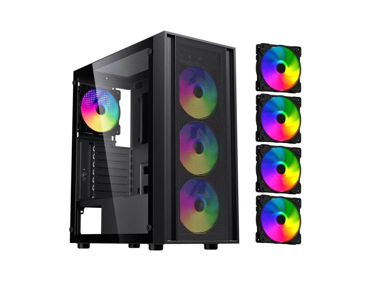 DIYPC - DIY-S03-ARGB Black USB3.0 ATX Mid Tower Case w/Tempered Glass & 4x 120mm ARGB Fans (Pre-Installed) - Black