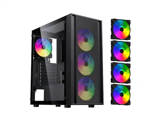 Front. DIYPC - DIYPC DIY-S03-ARGB Black USB3.0 ATX Mid Tower Case w/Tempered Glass & 4x 120mm ARGB Fans (Pre-Installed) - Black.