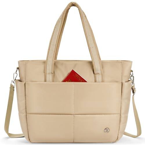 Front. DORLUKFU - Puffer Tote Bag for Women Travel Tote Bag with Trolley Sleeve Lightweight Quilted Laptop Nurse Bag with Zipper - Puffer Khaki.