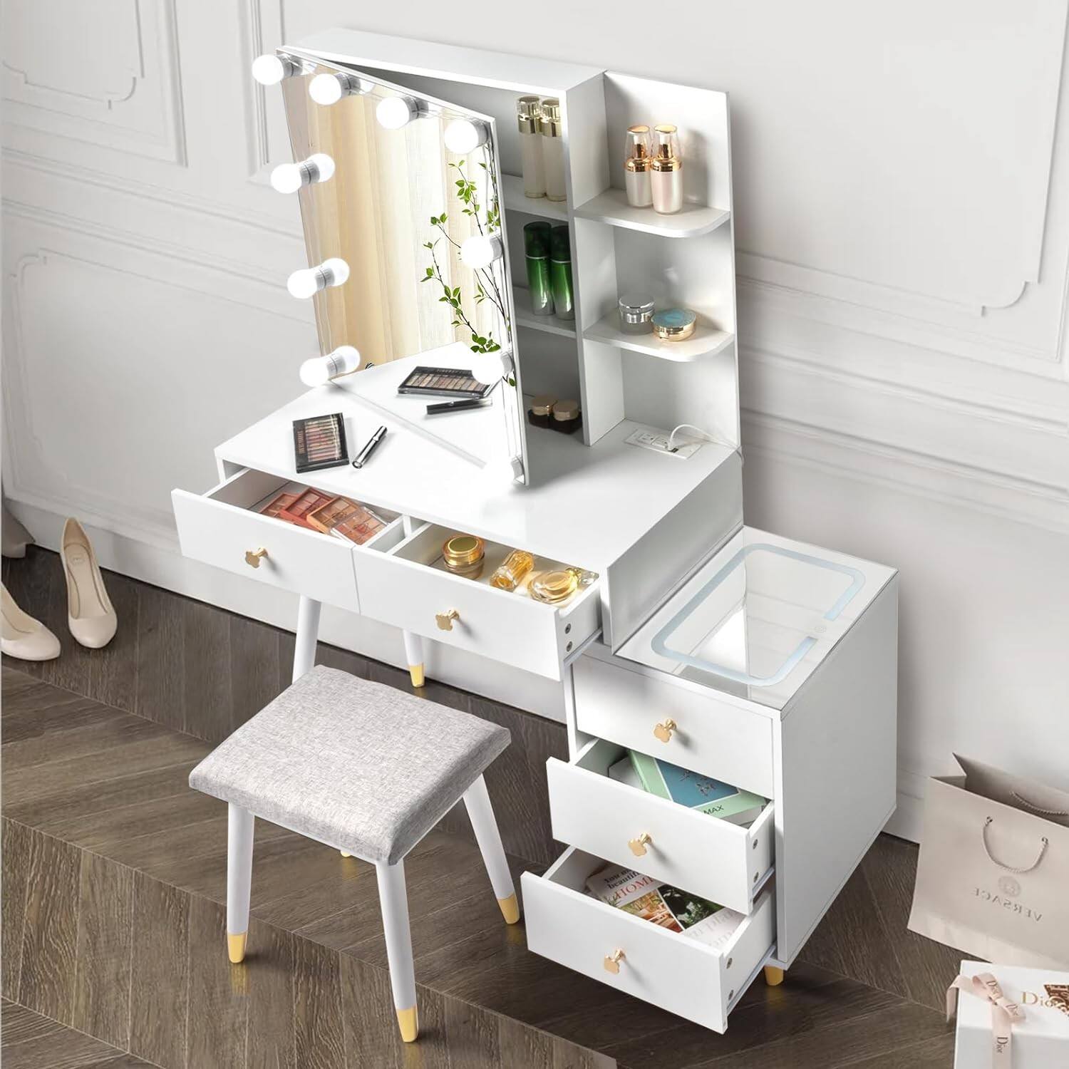 Alt View 5. Winado - Vanity Table Stool Set with 10 LED Lighted Mirror Dressing, 5 Drawers,  LED Nightstand, Makeup Dressing Table - White.