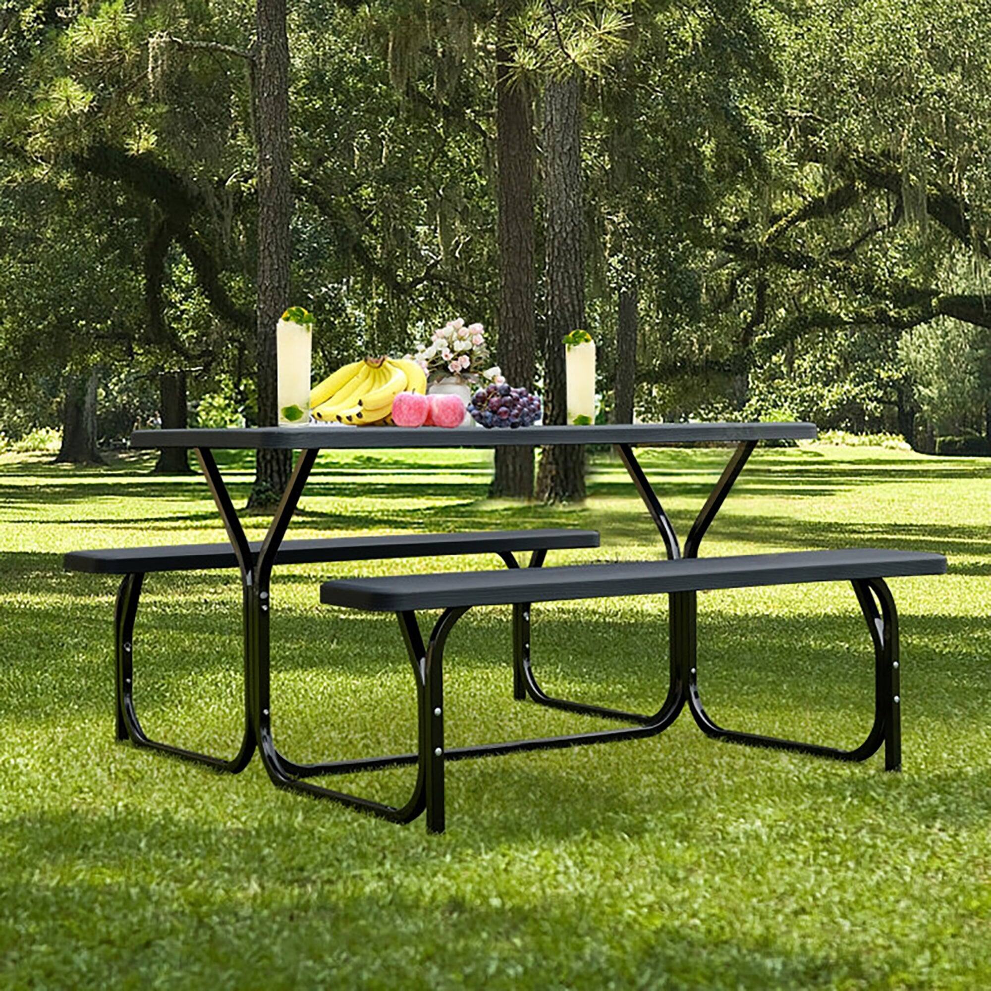 Alt View 1. Boyel Living - HDPE Outdoor Picnic Table Bench Set with Metal Base - Black.