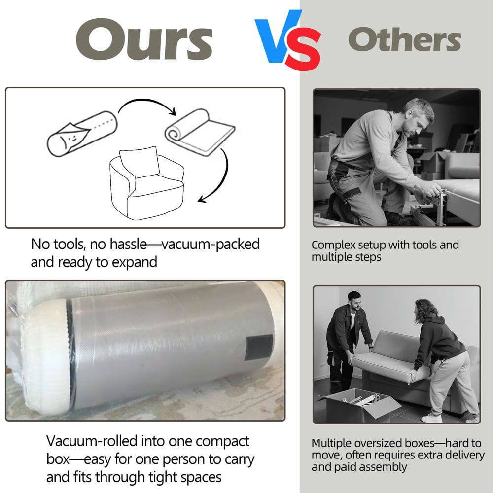 **Ours vs Others**

**Ours:**
- No tools, no hassle—vacuum-packed and ready to expand
- Vacuum-rolled into one compact box—easy for one person to carry and fits through tight spaces

**Others:**
- Complex setup with tools and multiple steps
- Multiple oversized boxes—hard to move, often requires extra delivery and paid assembly