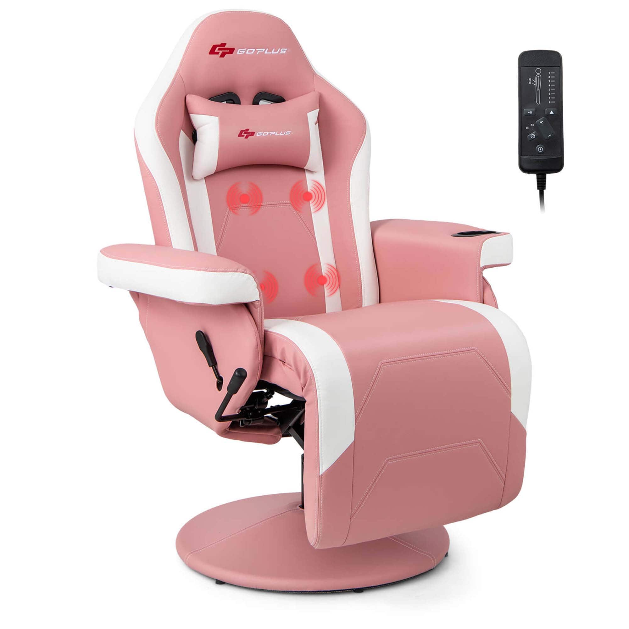 Costway - Massage Gaming Recliner Height Adjustable Racing Swivel Chair with Cup Holder - Pink