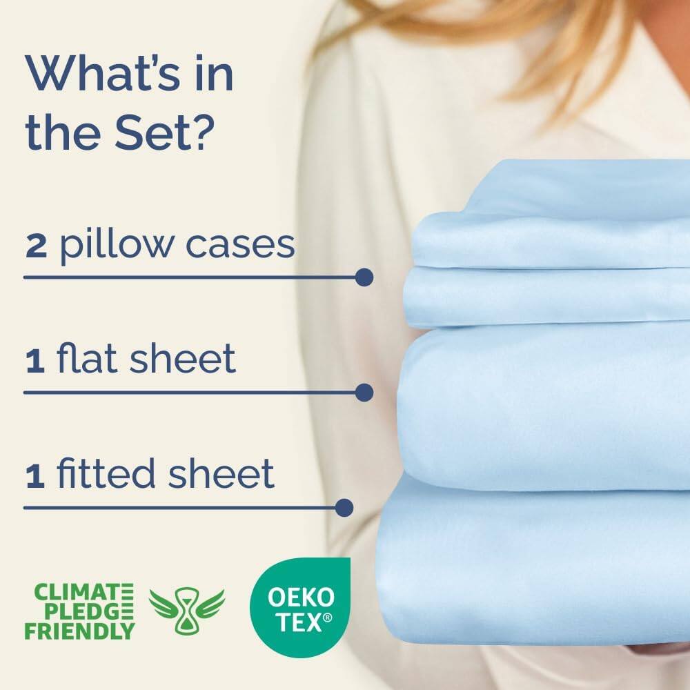 What's in the Set?

- 2 pillow cases
- 1 flat sheet
- 1 fitted sheet

CLIMATE PLEDGE FRIENDLY

OEKO TEX