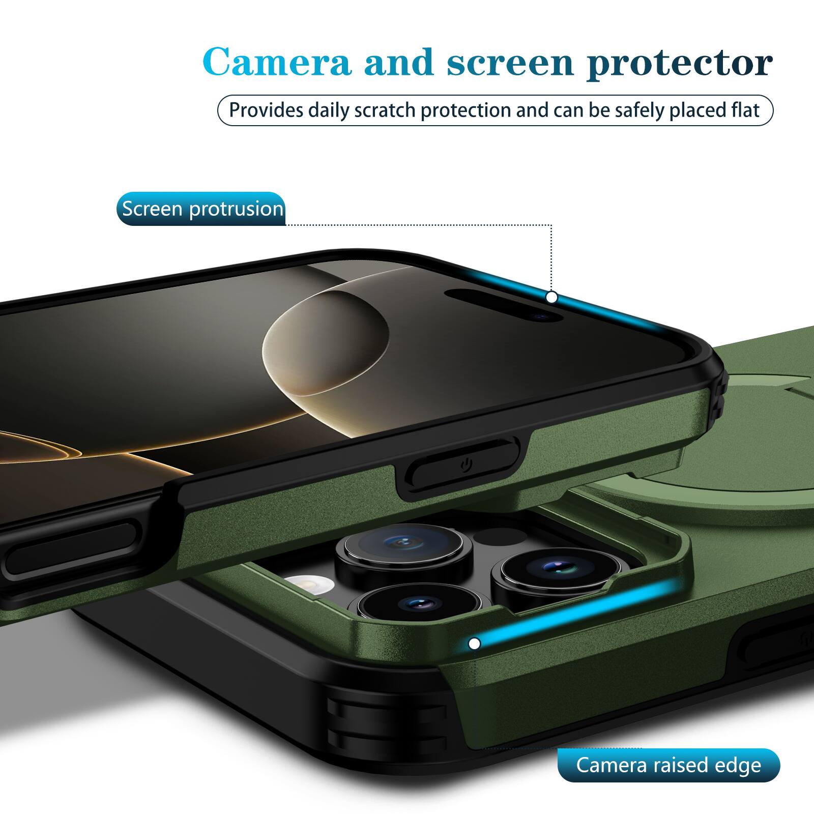 Camera and screen protector  
Provides daily scratch protection and can be safely placed flat  

Screen protrusion  
Camera raised edge