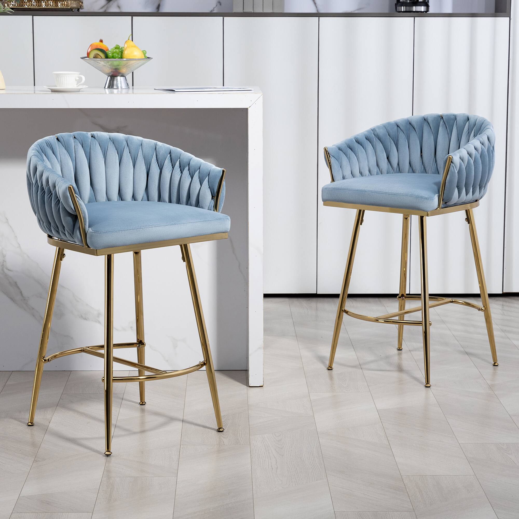 GOODSILO - Set of 2 Velvet Upholstered Bar Stools with Golden Chrome Base, Counter Height Stools for Kitchen Island or Bar Seating - Blue