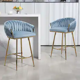 GOODSILO - Set of 2 Velvet Upholstered Bar Stools with Golden Chrome Base, Counter Height Stools for Kitchen Island or Bar Seating - Blue