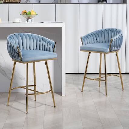 Front. GOODSILO - Set of 2 Velvet Upholstered Bar Stools with Golden Chrome Base, Counter Height Stools for Kitchen Island or Bar Seating - Blue.