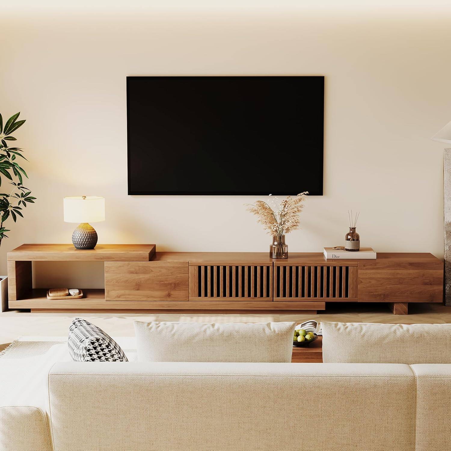 Alt View 4. luck idea - Extendable 78.54" Media Console TV Stand with Spacious Storage, Adjustable Entertainment Center for Living Room - Walnut color.