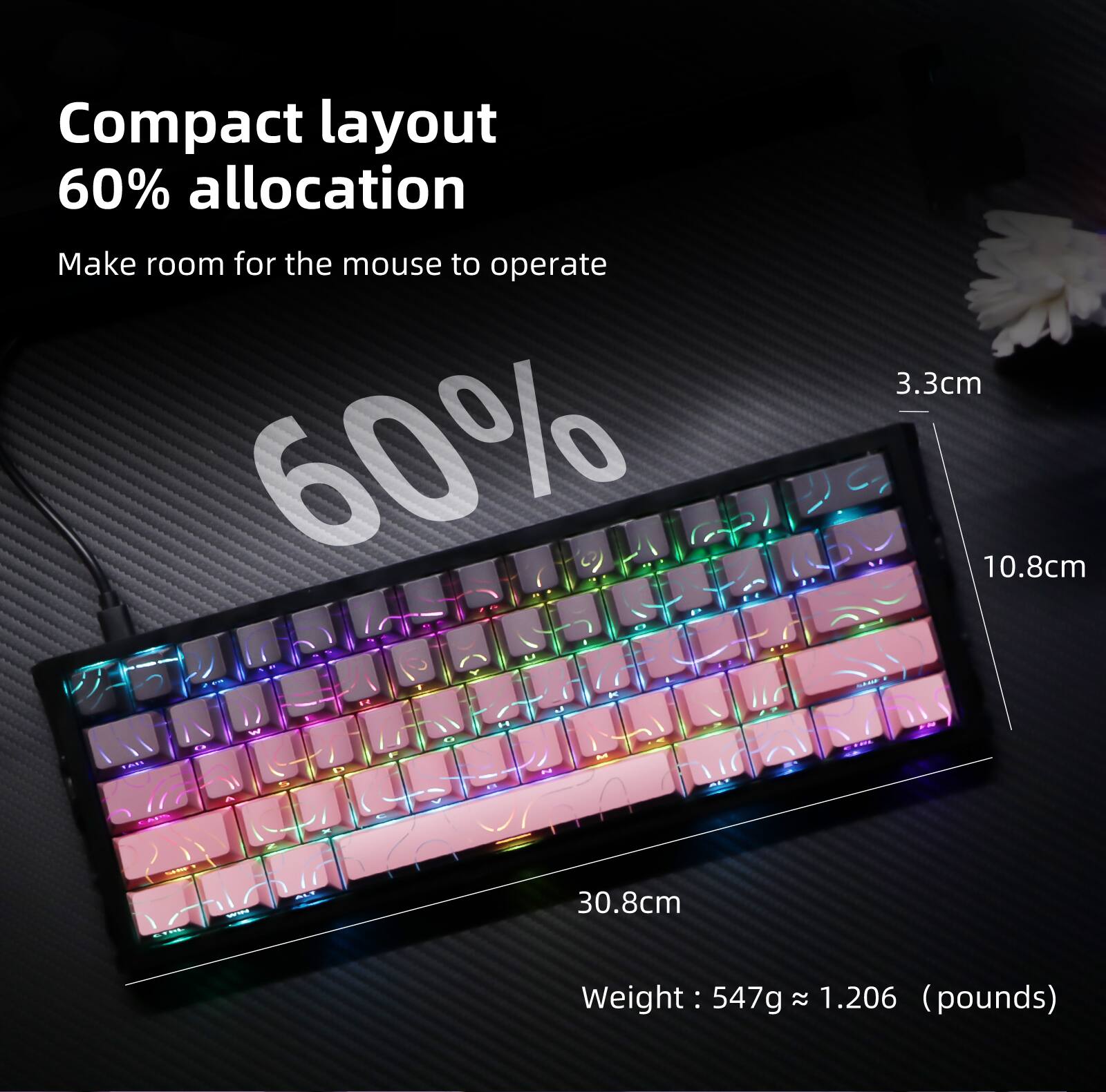 Compact layout 60% allocation  
Make room for the mouse to operate  

3.3cm  
10.8cm  
30.8cm  

Weight: 547g ≈ 1.206 (pounds)