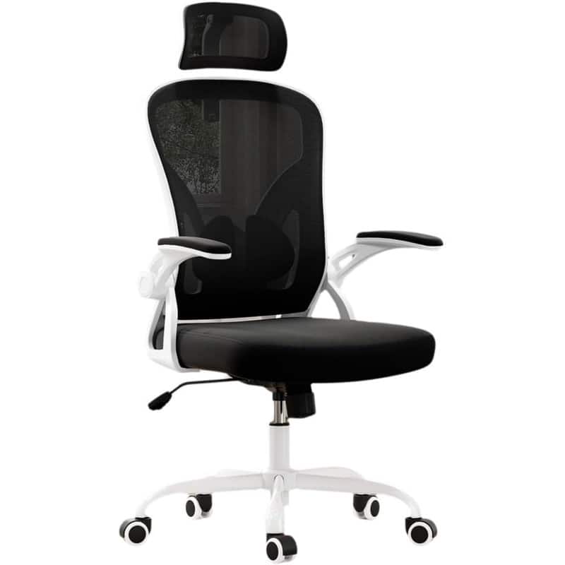 HTUTWOO - Ergonomic Office Chair with Adjustable Lumbar Support & Headrest, Space-Saving Flip-Up Armrests for Home Office,Gaming - Black + White