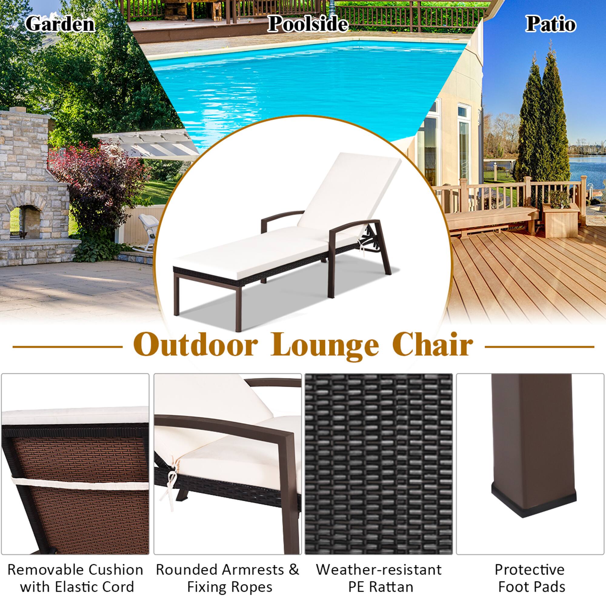 Outdoor Lounge Chair: Removable Cushion, Rounded Armrests & Weather-resistant Protective with Elastic Cord, Fixing Ropes PE Rattan, Foot Pads